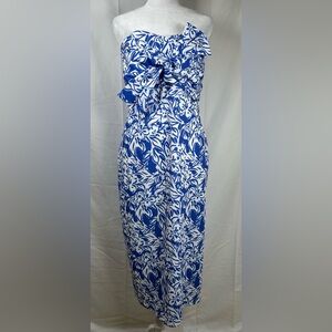 Little Mistress Blue Floral Print Bow Strapless Midi Dress Size 10 Bandeau White
